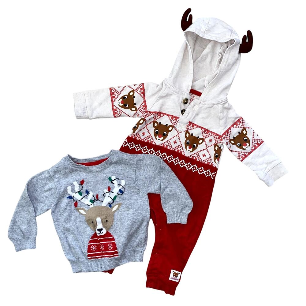 Christmas Baby Sweater & Reindeer Jumpsuit